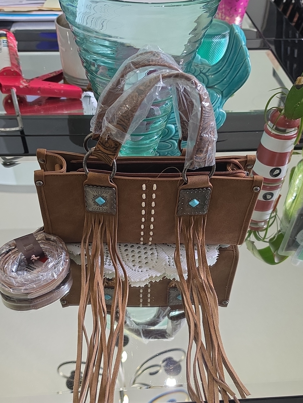 Montana West Brown Fringe Crossbody Bag with Turquoise Accents
